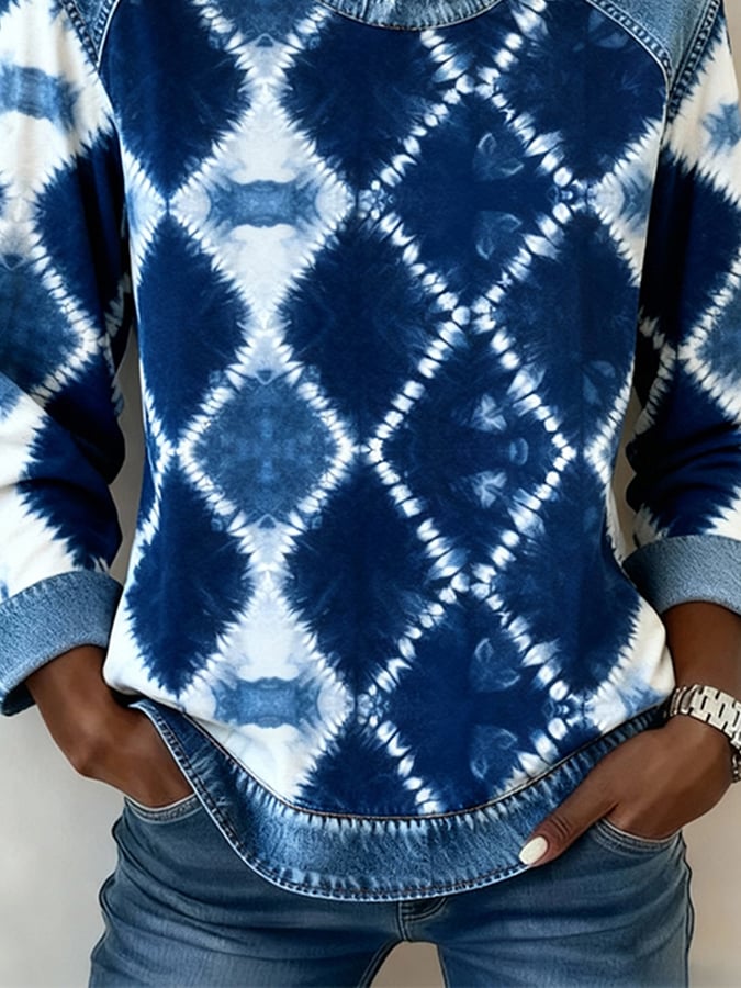 Winter Pullover Damen blau Tie Dye Patchwork warm cozy
