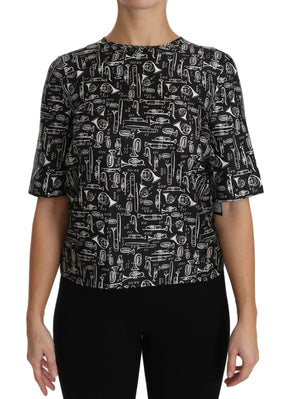 Dolce & Gabbana Schwarze Seidenbluse mit Musikinstrumenten-Druck