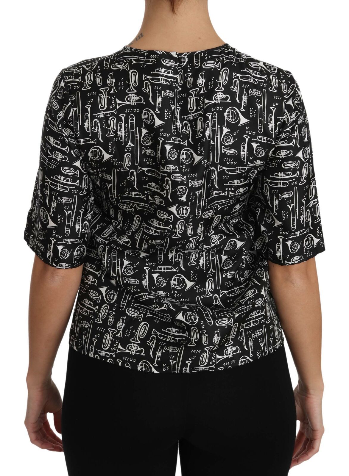 Dolce & Gabbana Schwarze Seidenbluse mit Musikinstrumenten-Druck