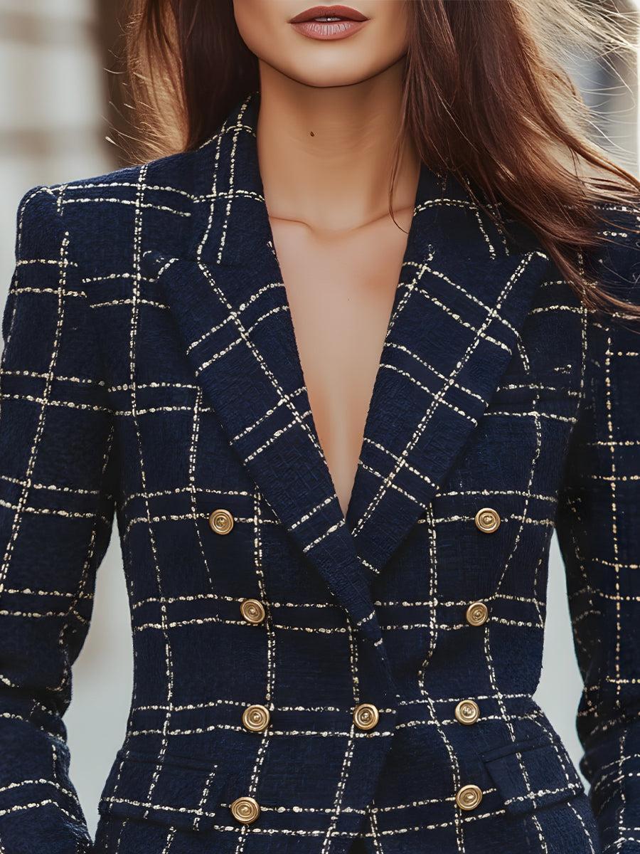 Navy Karierte Doppelreiher-Blazer: Stilvoller Herbstzauber für kühle Tage