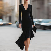 Black Long Sleeve Midi Kleid - Eleganter Herbstslook mit A-Linie