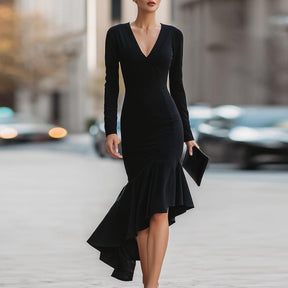 Black Long Sleeve Midi Kleid - Eleganter Herbstslook mit A-Linie