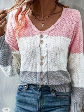 Herbstlicher Pink Color Block V-Neck Sweater - Wärme & Stil in einem