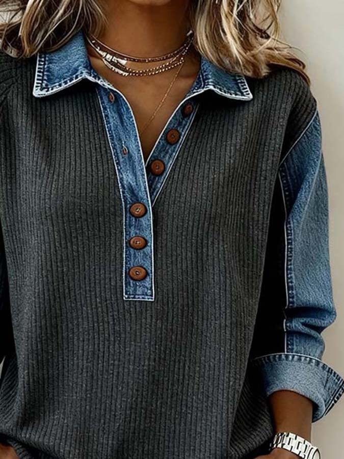 Winter Patchwork Polo Longsleeve mit warmen Denim-Ärmeln