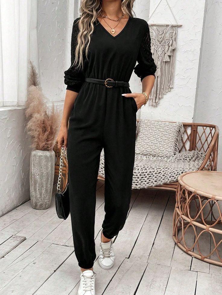 Black Long Sleeve Plain Jumpsuit - Eleganter Herbsts-Style & Vielseitiger Komfort