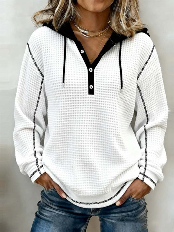 Damen Winter Hoodie Pullover Colorblock Waffelstrick Weiß