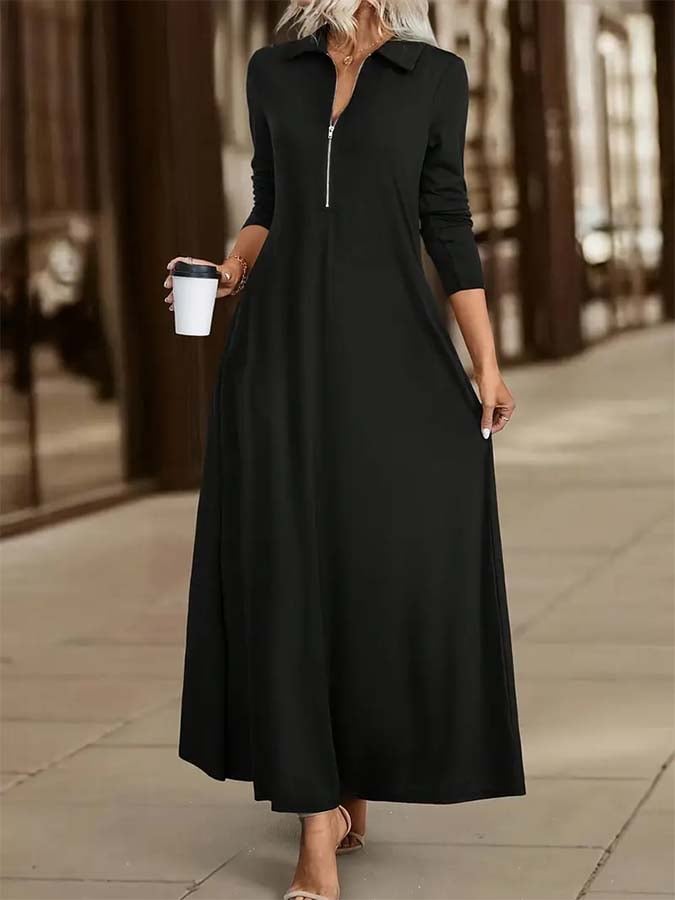 Trendy Black Long Sleeve Maxi Dress - Elegantes & Vielseitiges Herbstshighlight