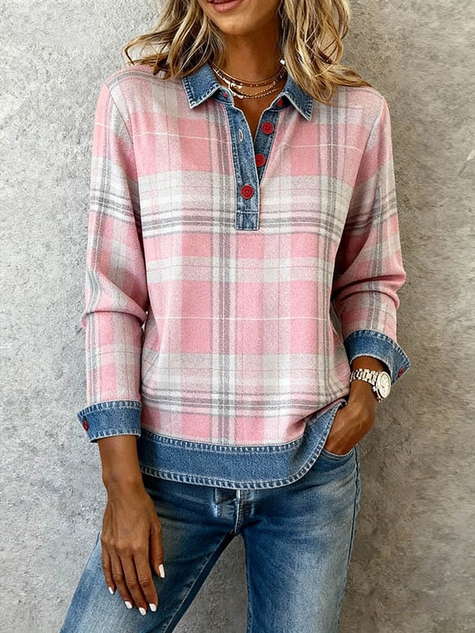 Winter Damen Karoshirt rosa mit Denim-Kragen, warm & casual