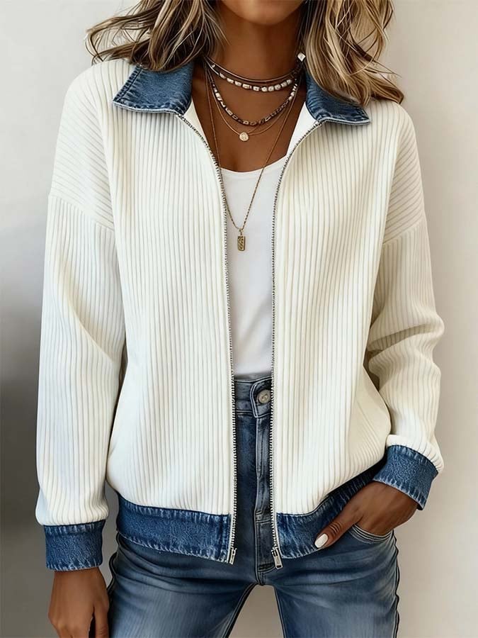 Cream Ribbed Denim Color Block Jacke - Ihr stylischer Wärmespender für den Herbst