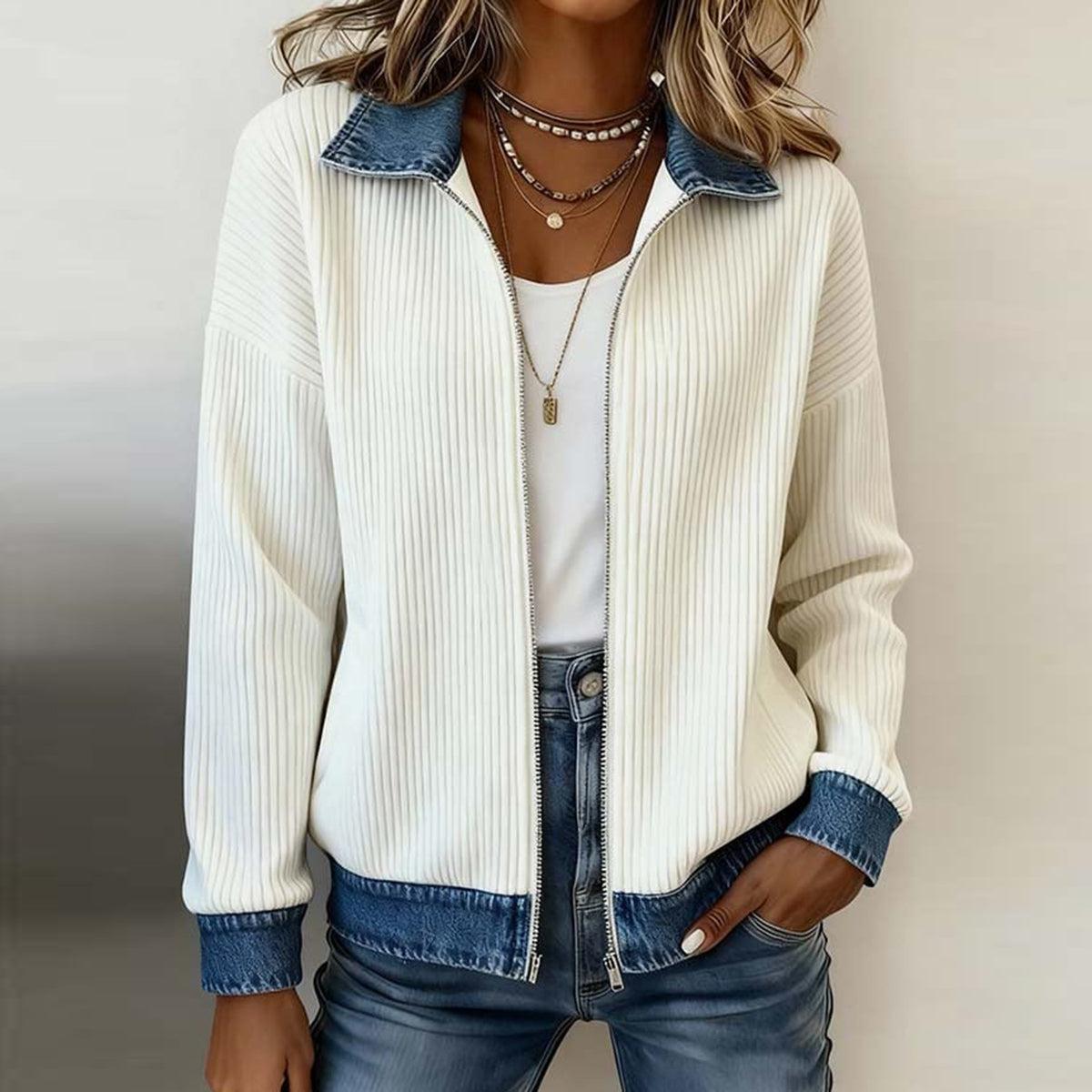 Cream Ribbed Denim Color Block Jacke - Ihr stylischer Wärmespender für den Herbst