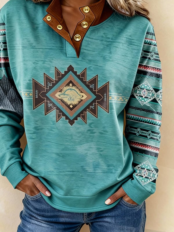 Türkises Boho Sweatshirt Winter warm mit Azteken-Print