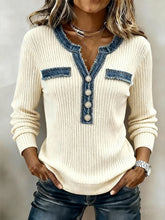 Winter Damen Stricktop cremeblau mit Denim V-Ausschnitt