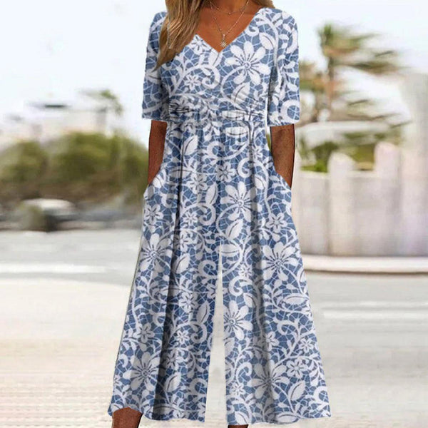 Breezy V-Neck Jumpsuit mit Seitentaschen - Herbstsfrischer Chic & Komfort