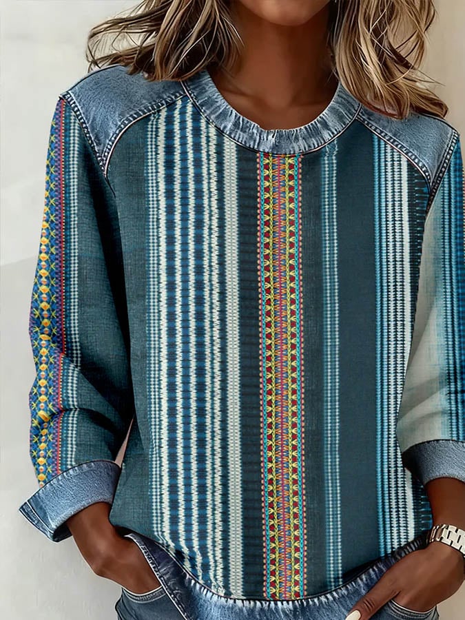 Winter Damen Boho Sweatshirt mit Denim Patchwork, warm
