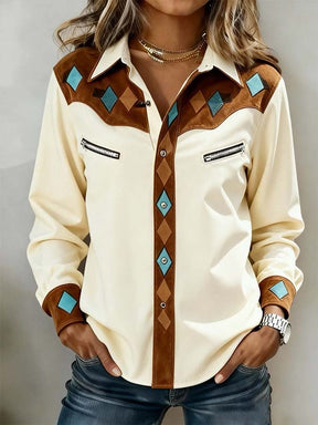 Winter Western Bluse Beige mit Diamant Patch Langarm