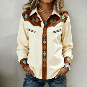 Winter Western Bluse Beige mit Diamant Patch Langarm