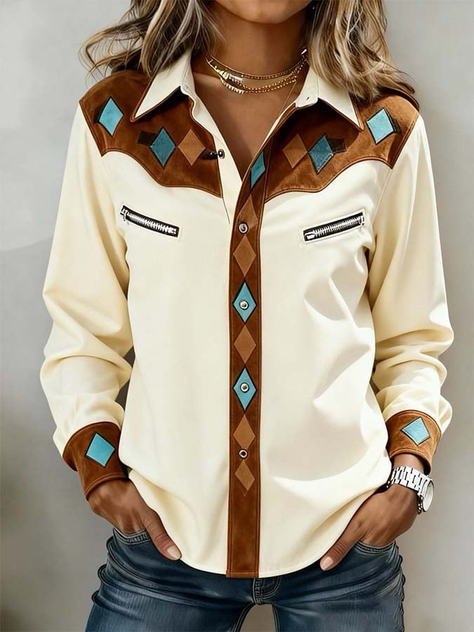 Winter Western Bluse Beige mit Diamant Patch Langarm