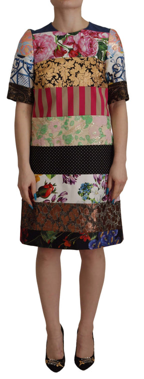 Dolce & Gabbana Multicolor Pachwork Floral Mantel Jaquard Minikleid