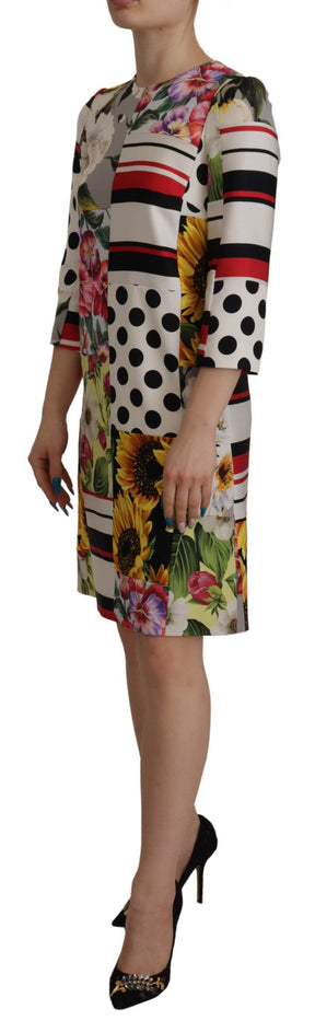 Dolce & Gabbana Multicolor Charmeuse Floral Mantel Jaquard Pachwork Kleid