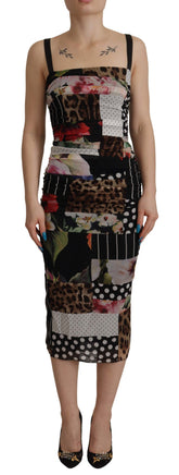 Dolce & Gabbana Multicolor Pachwork Midi-Seiden-Leoparden-Bodycon-Kleid mit Blumenmuster