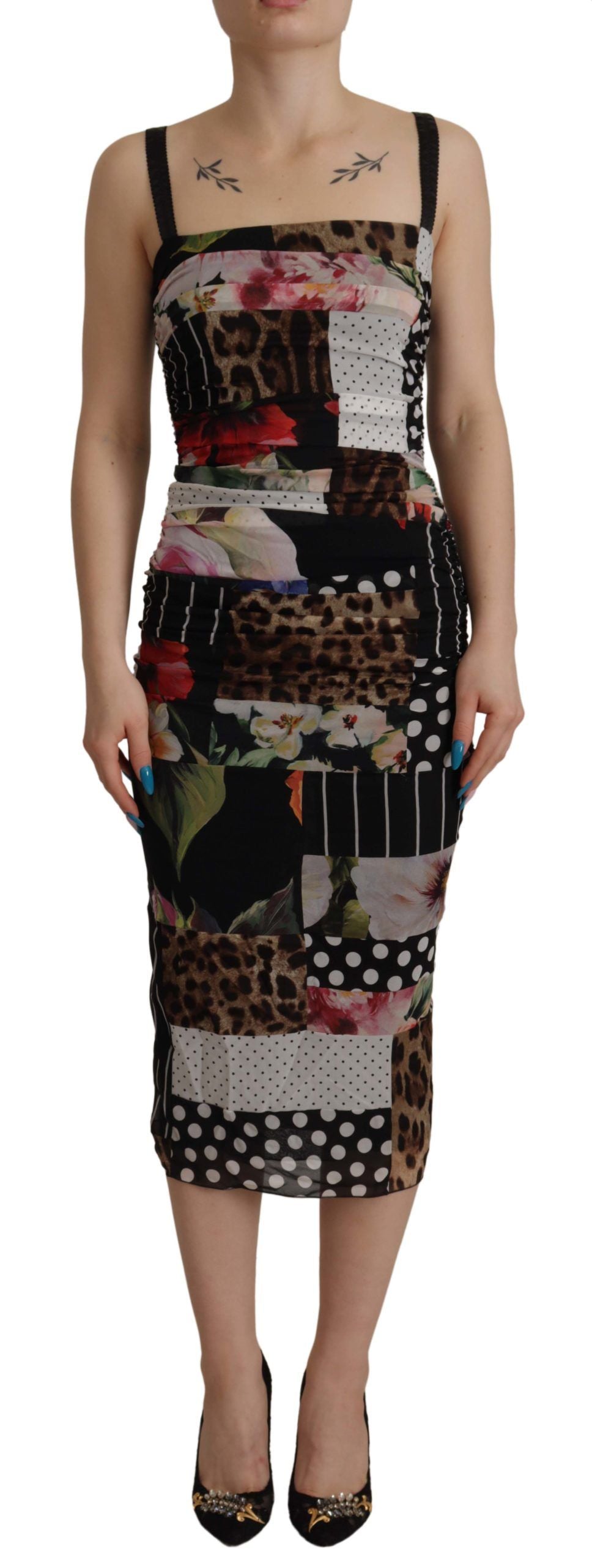 Dolce & Gabbana Multicolor Pachwork Midi-Seiden-Leoparden-Bodycon-Kleid mit Blumenmuster