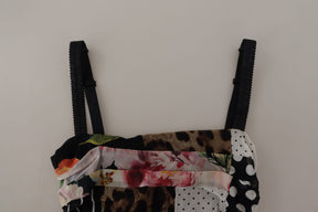 Dolce & Gabbana Multicolor Pachwork Midi-Seiden-Leoparden-Bodycon-Kleid mit Blumenmuster