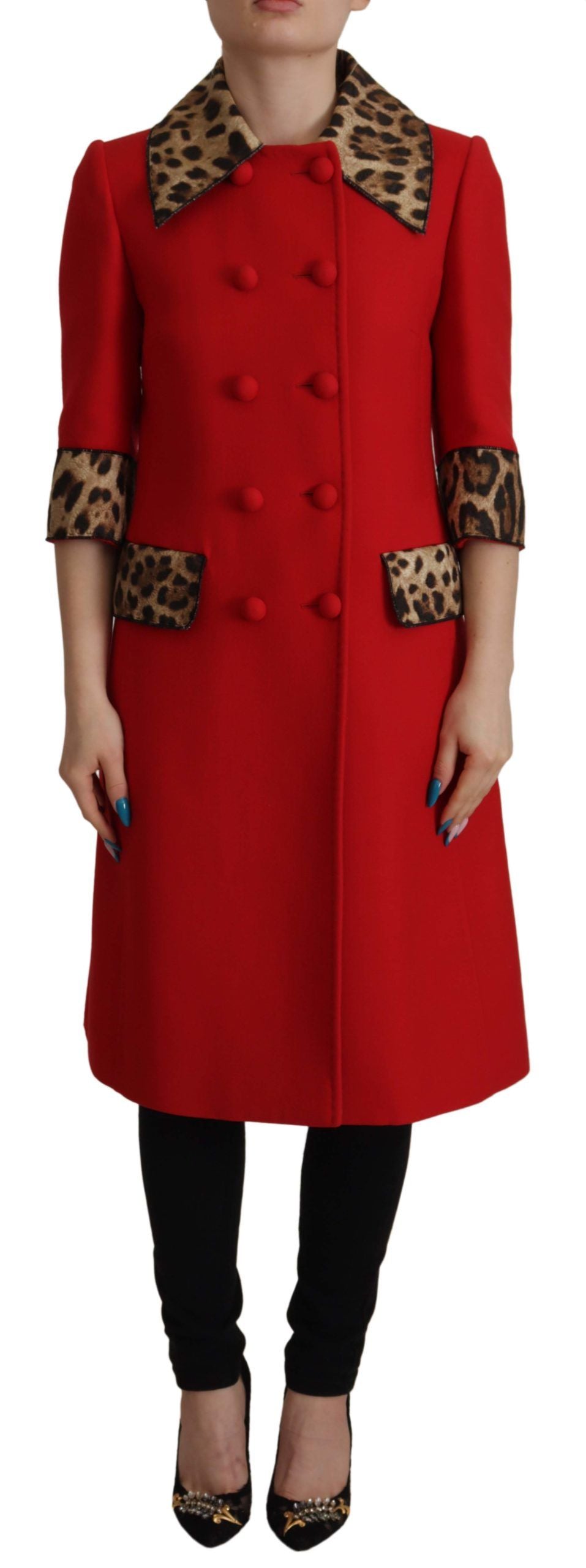 Dolce & Gabbana Trenchcoat-Jacke aus Wolle mit rotem Leopardenmuster