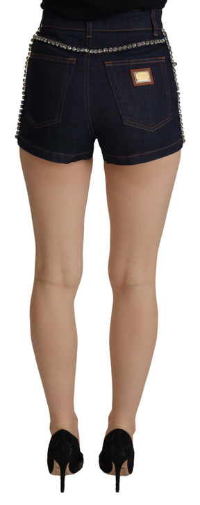 Dolce & Gabbana Blaue Denim Stretch Crystal Hot Pants Shorts