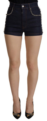 Dolce & Gabbana Blaue Denim Stretch Crystal Hot Pants Shorts