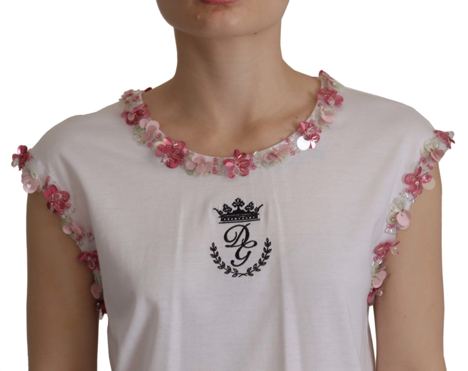 Dolce & Gabbana Weißes DG Crown Floral Pailletten-T-Shirt