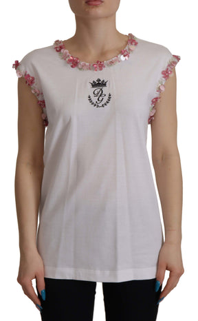 Dolce & Gabbana Weißes DG Crown Floral Pailletten-T-Shirt