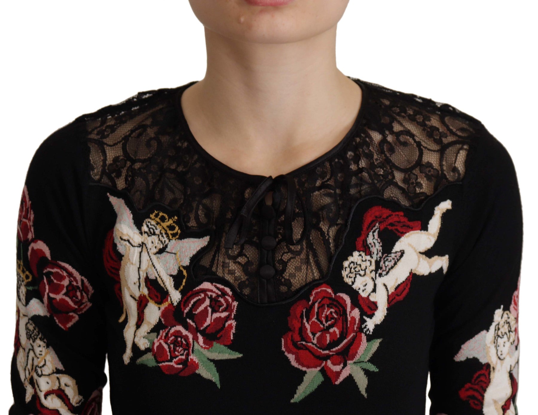 Dolce & Gabbana Schwarzer Spitzen-Engel-Rosen-Strickpullover