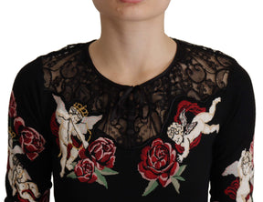 Dolce & Gabbana Schwarzer Spitzen-Engel-Rosen-Strickpullover