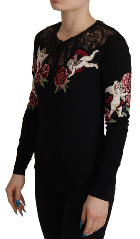 Dolce & Gabbana Schwarzer Spitzen-Engel-Rosen-Strickpullover