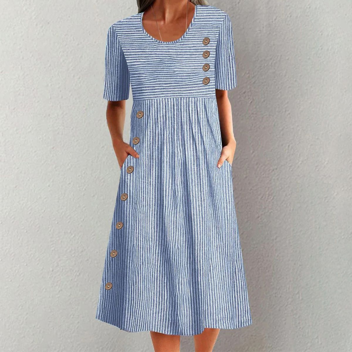 Chic & Komfortables Blau Gestreiftes Midi-Kleid - Perfekt für den Herbst