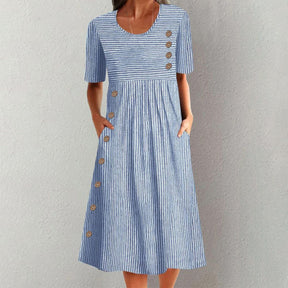 Chic & Komfortables Blau Gestreiftes Midi-Kleid - Perfekt für den Herbst