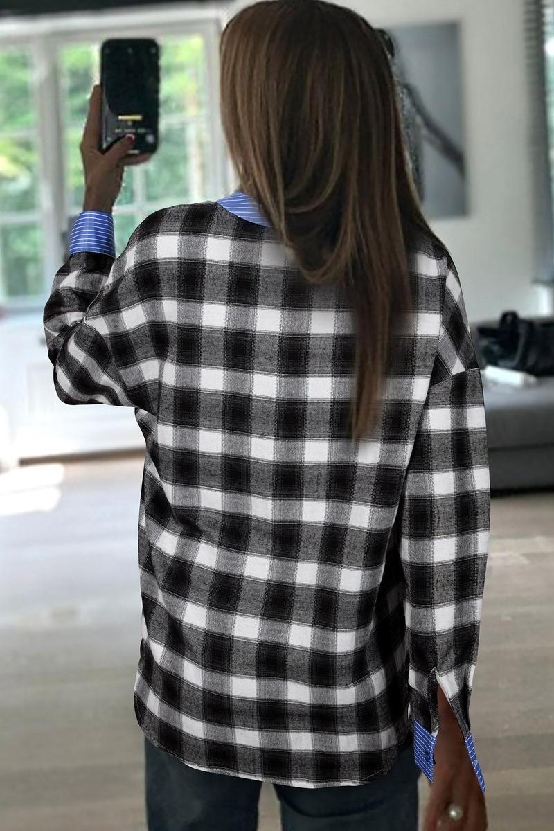 Winter Longsleeve Karo Shirt Schwarz Weiß mit blauem Akzent