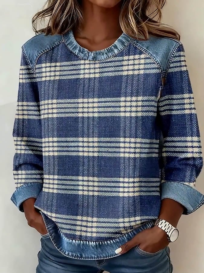Damen Winter Sweatshirt Denim Patchwork Pullover kariert