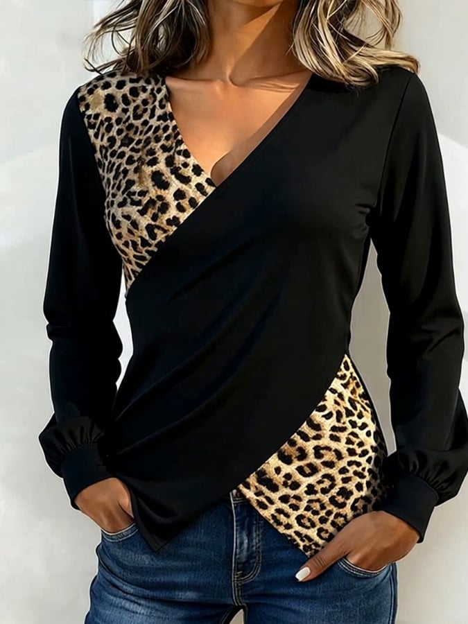 Winter Damen Leo Longsleeve V-Ausschnitt Schwarz Elegant