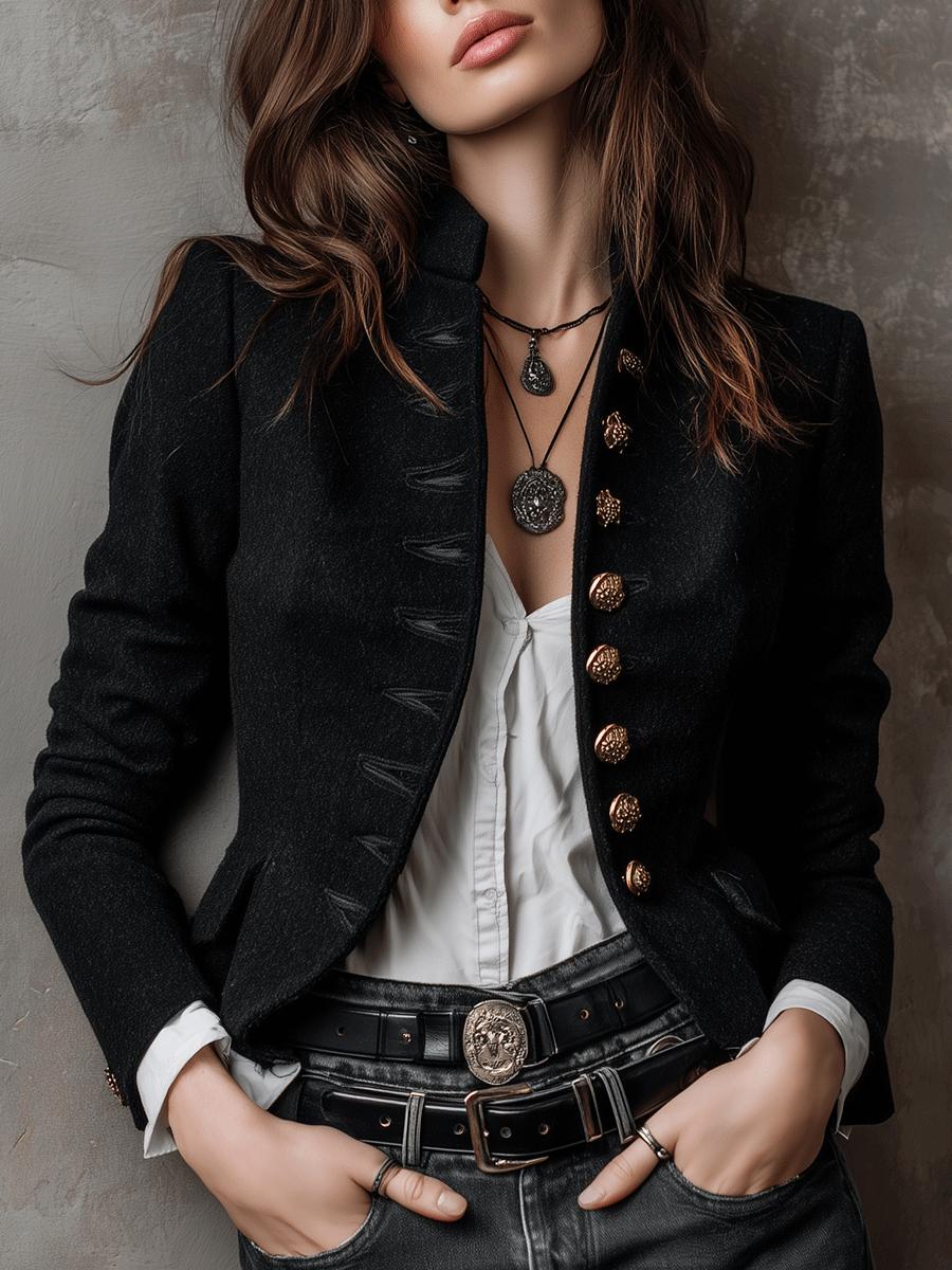 Elegante schwarze Winter-Jacke tailliert mit langen Ärmeln