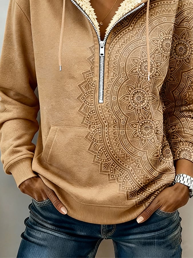 Winter Boho Hoodie Camel mit Mandala Print und Teddyfutter