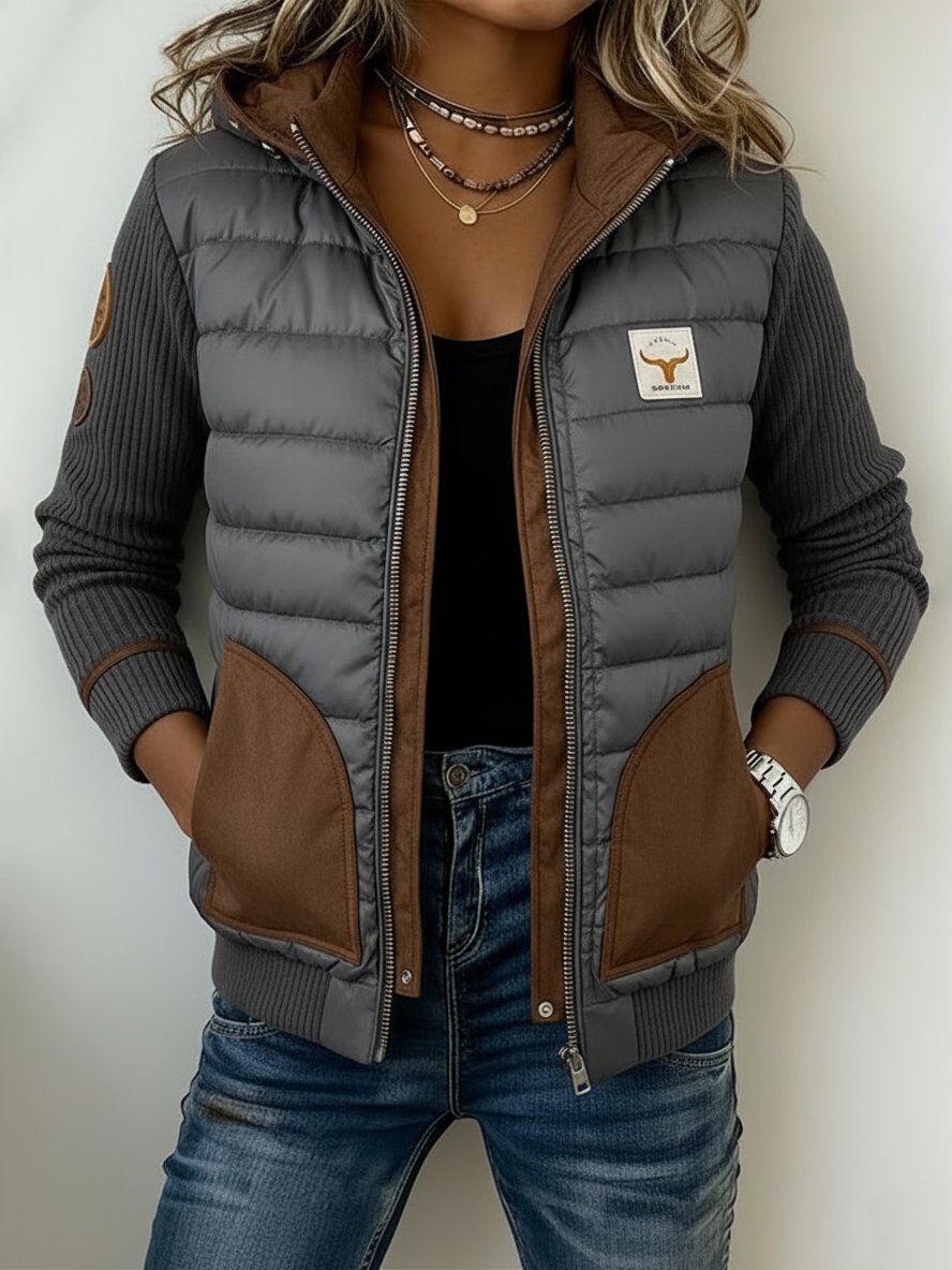 Damen Winter Steppjacke mit Kapuze Grau Braun Warm Casual