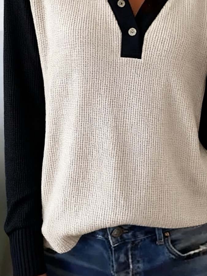 Damen Waffel Longsleeve Patchwork schwarz creme Wintertop