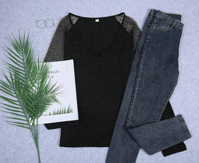 New York Nights Winter Top mit Spitze und Glitzerärmeln