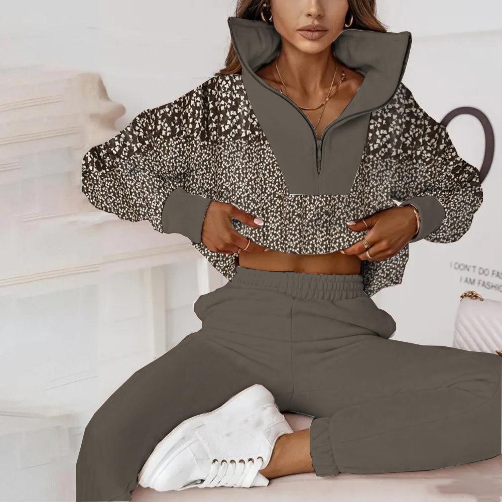 Exotischer Leopard Print Zip V-Neck Zwei-Teiler - Herbsts-Fashion mit Komfort