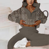 Exotischer Leopard Print Zip V-Neck Zwei-Teiler - Herbsts-Fashion mit Komfort