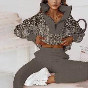 Exotischer Leopard Print Zip V-Neck Zwei-Teiler - Herbsts-Fashion mit Komfort
