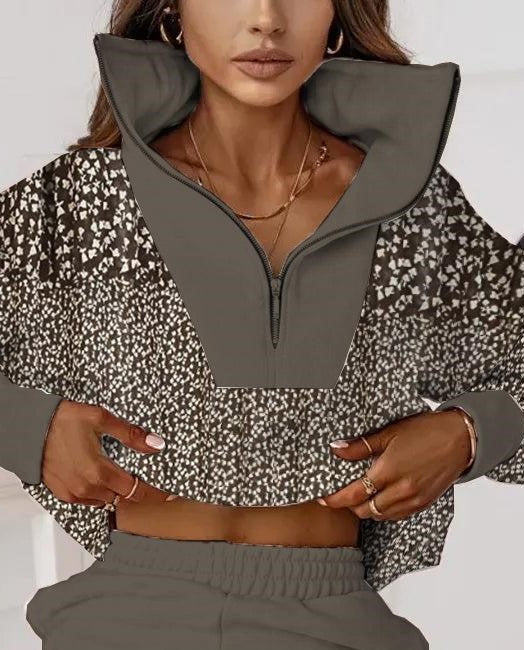 Exotischer Leopard Print Zip V-Neck Zwei-Teiler - Herbsts-Fashion mit Komfort