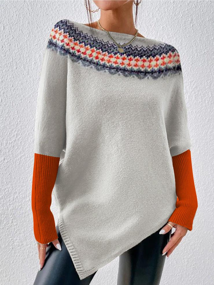 Herbst-Must-Have: Lässiger Grey Batwing Sleeve Print Sweater