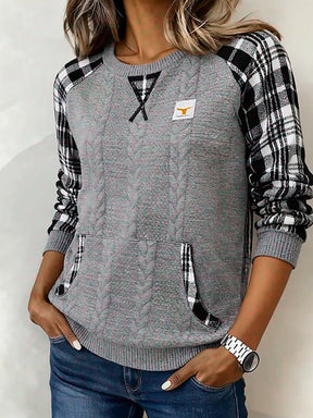 Damen Winter Sweatshirt grau kariert warm casual loose